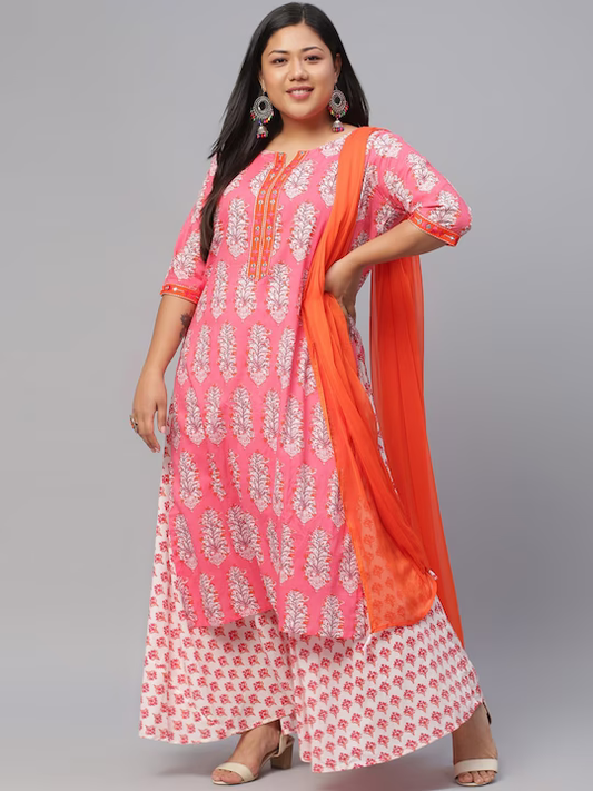 Women Plus Size Pink & White Printed Plus Size Kurta with Skirt & Dupatta