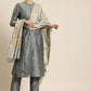 Women Grey Solid Kurta with Trousers & Woven Design Dupatta