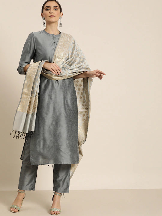 Women Grey Solid Kurta with Trousers & Woven Design Dupatta