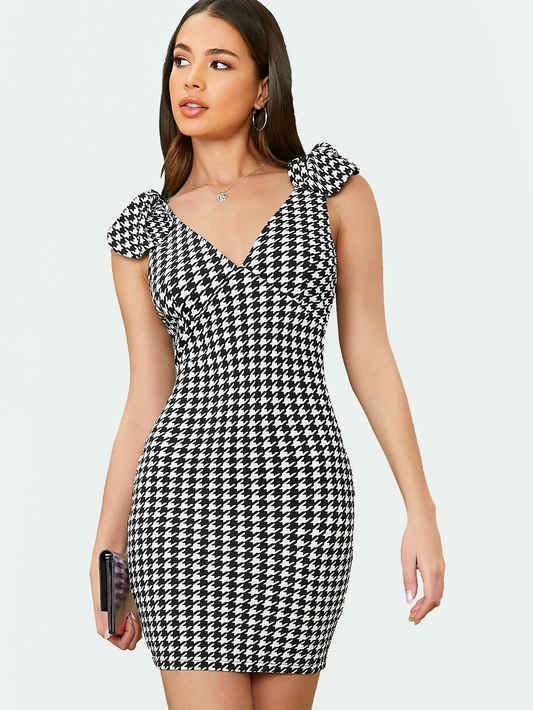 Self Tie Shoulder Houndstooth Bodycon Dress