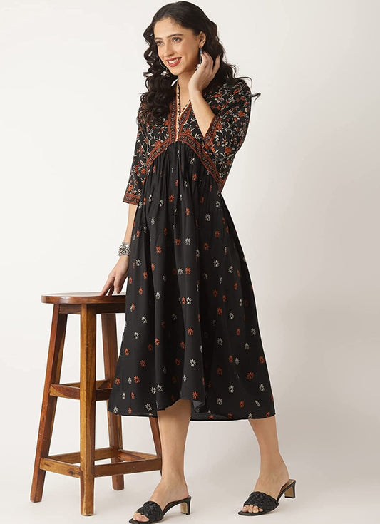 Black A-Line V-neck Printed Dress