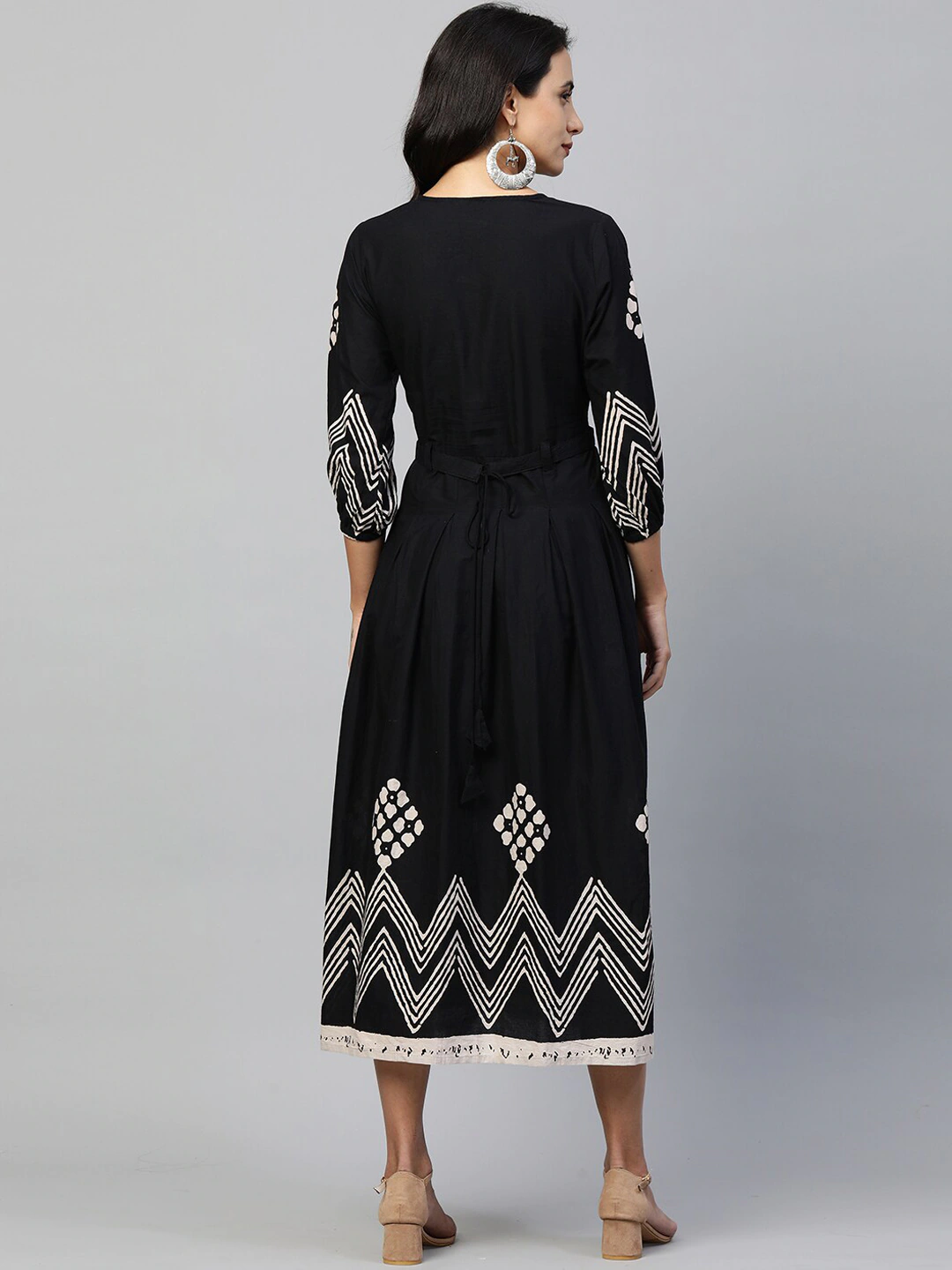 Black Ethnic Motifs A-Line Midi Dress