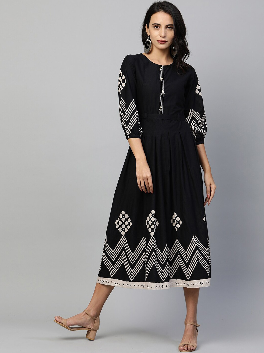 Black Ethnic Motifs A-Line Midi Dress