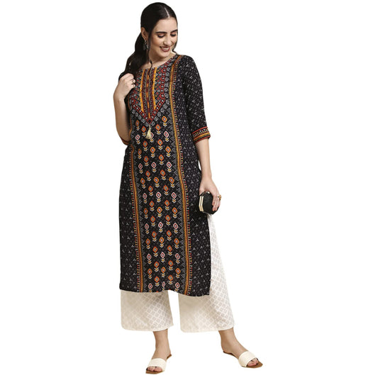 Black Ethnic Printed Straight Kurta Palazzos Set for Women