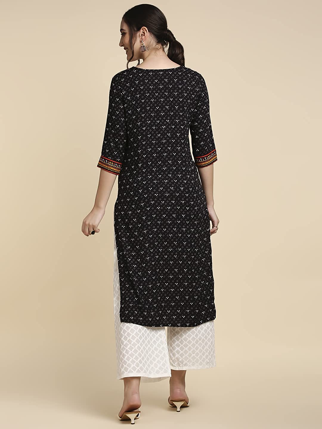 Black Ethnic Printed Straight Kurta Palazzos Set for Women