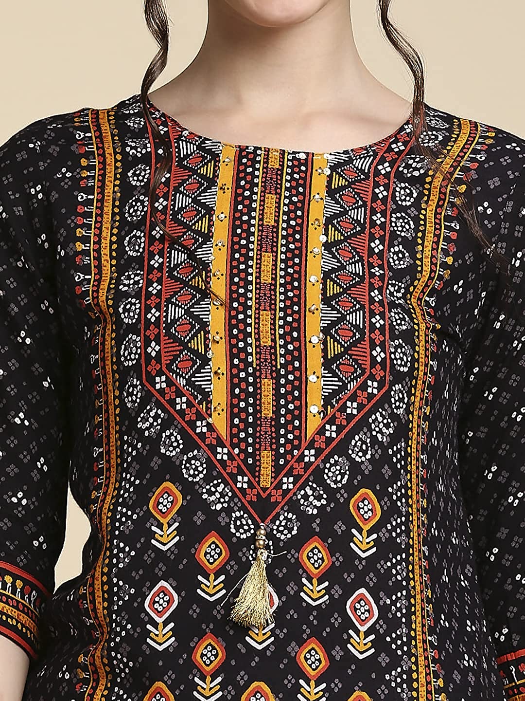 Black Ethnic Printed Straight Kurta Palazzos Set for Women