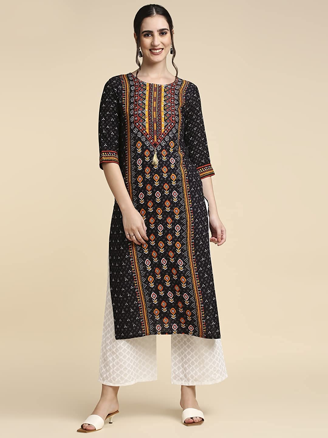 Black Ethnic Printed Straight Kurta Palazzos Set for Women