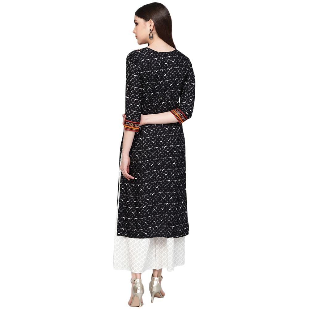 Black Ethnic Printed Straight Kurta Palazzos Set for Women