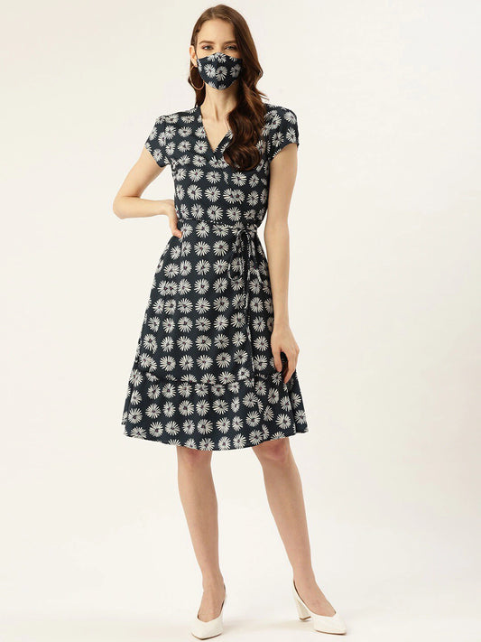Blue Floral Crepe Dress