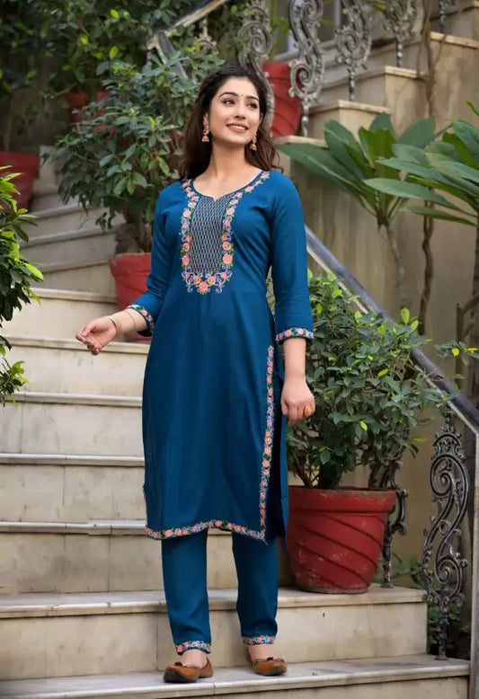 Blue A-line Viscose Rayon Embroidered Kurta set
