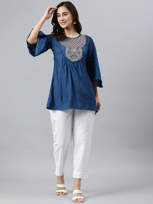 Blue & Orange Viscose Rayon Embroidered Tunic