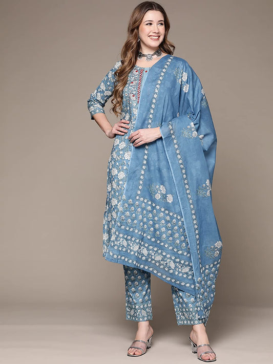 Blue floral print cotton Kurta Suit set with dupatta for women