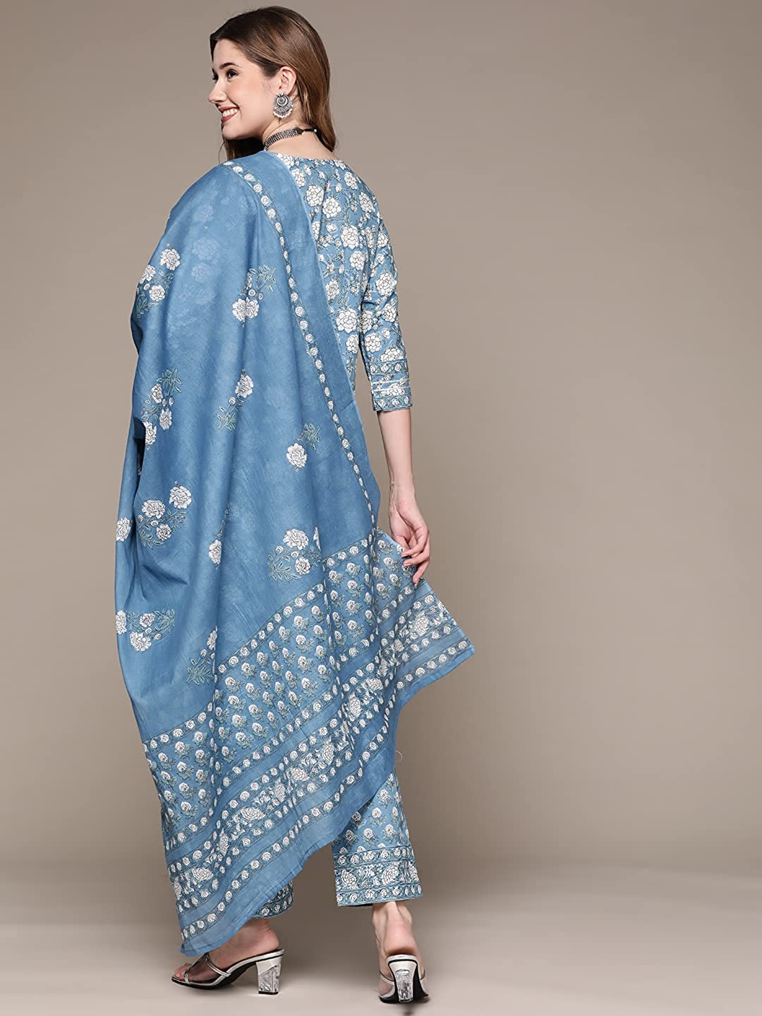 Blue floral print cotton Kurta Suit set with dupatta for women