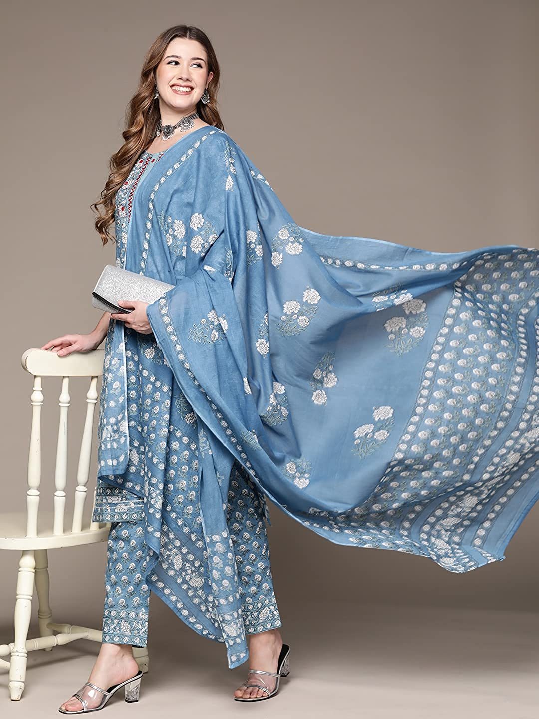 Blue floral print cotton Kurta Suit set with dupatta for women