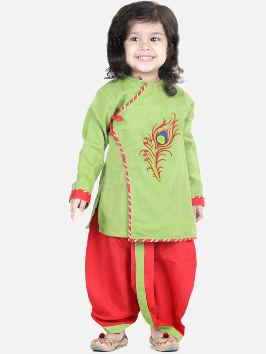 Boys Green Embroidered Thread Work Cotton Kurti Set