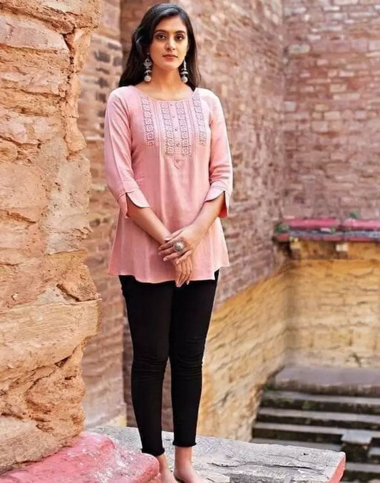 Casual Embroidered Ethnic Pink Top