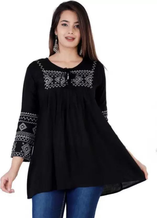 Casual Regular Sleeves Embroidered Women Black Top