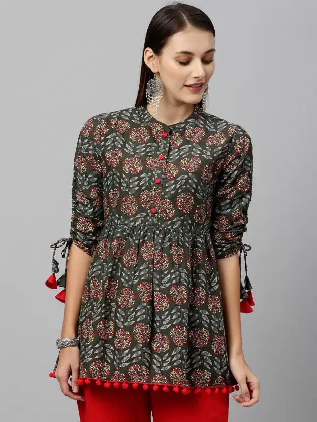 Casual Regular Sleeves Floral Print Grey Top