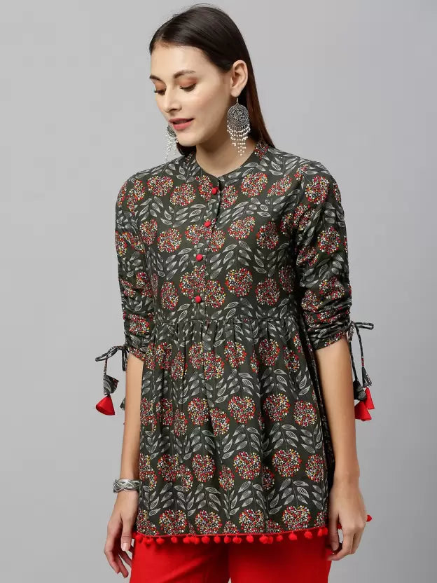 Casual Regular Sleeves Floral Print Grey Top