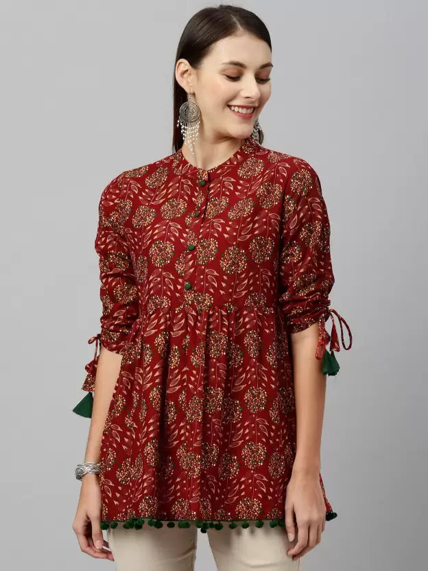 Casual Regular Sleeves Floral Print Women Maroon Top