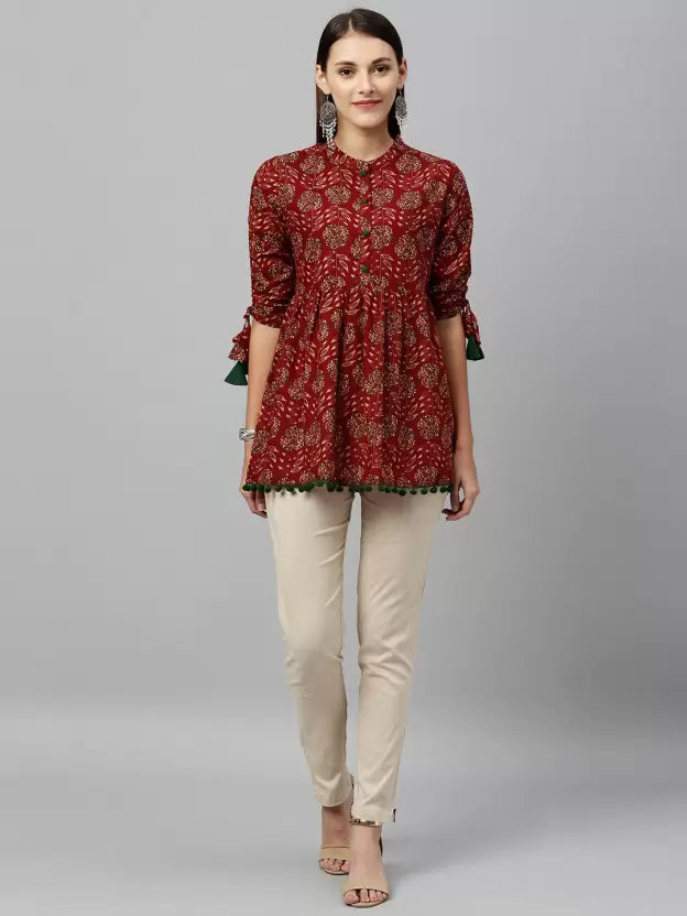 Casual Regular Sleeves Floral Print Women Maroon Top