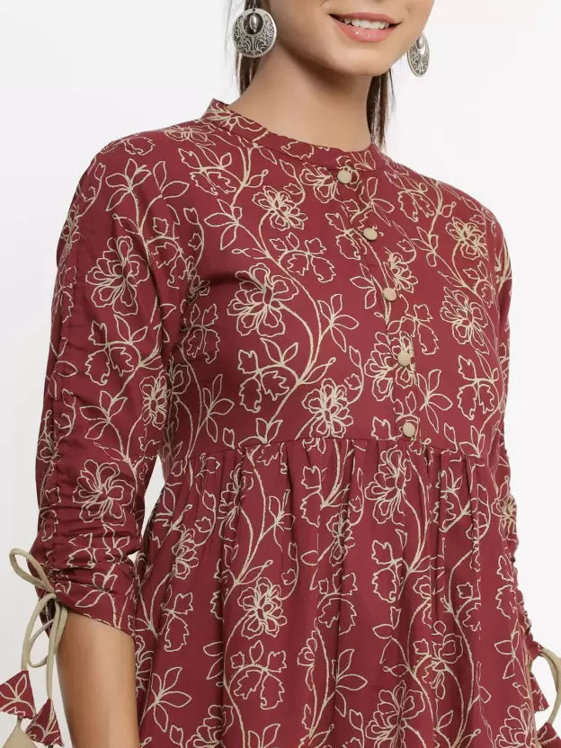 Casual Regular Sleeves Floral Print Women Maroon Top