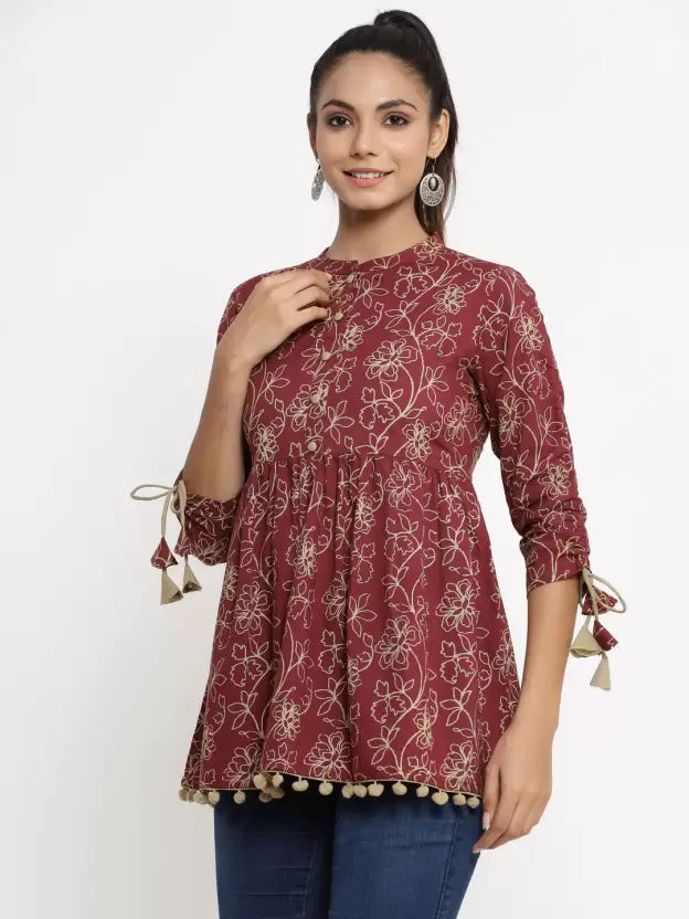 Casual Regular Sleeves Floral Print Women Maroon Top