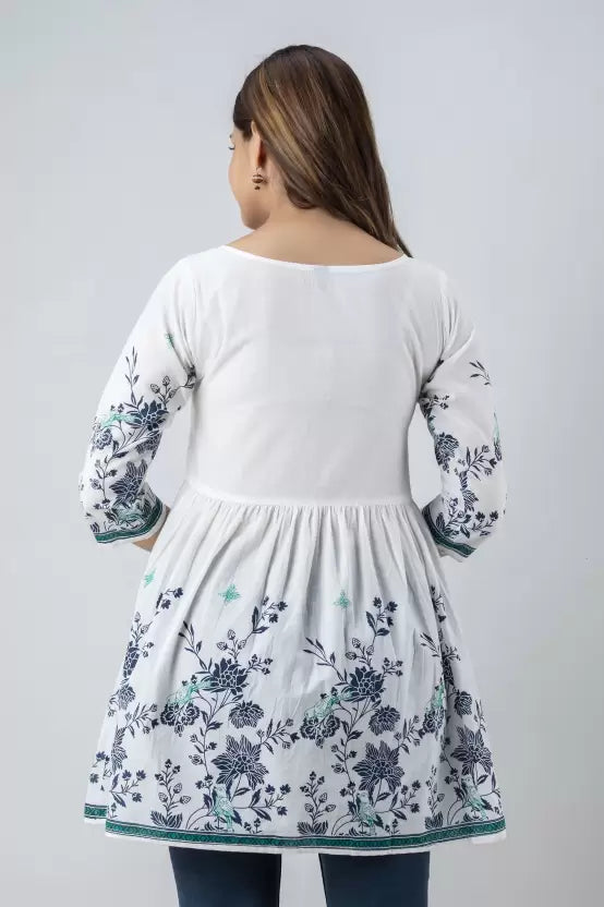 Women Casual Sleeves Floral Print White Top