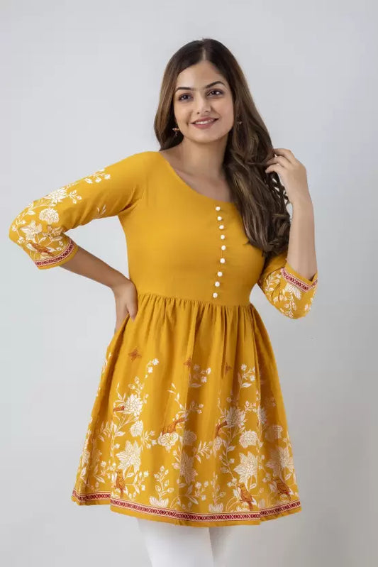 Women Casual Sleeves Floral Print Yellow Top