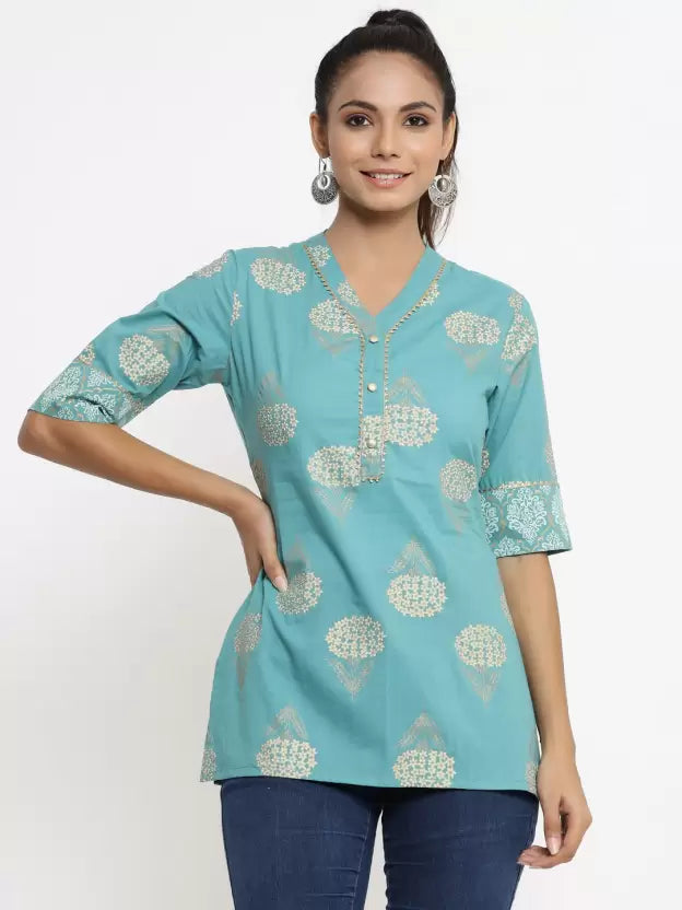 Casual Regular Sleeves Printed Women Blue Top