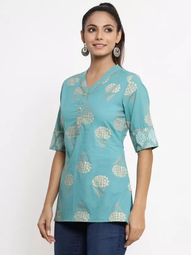 Casual Regular Sleeves Printed Women Blue Top