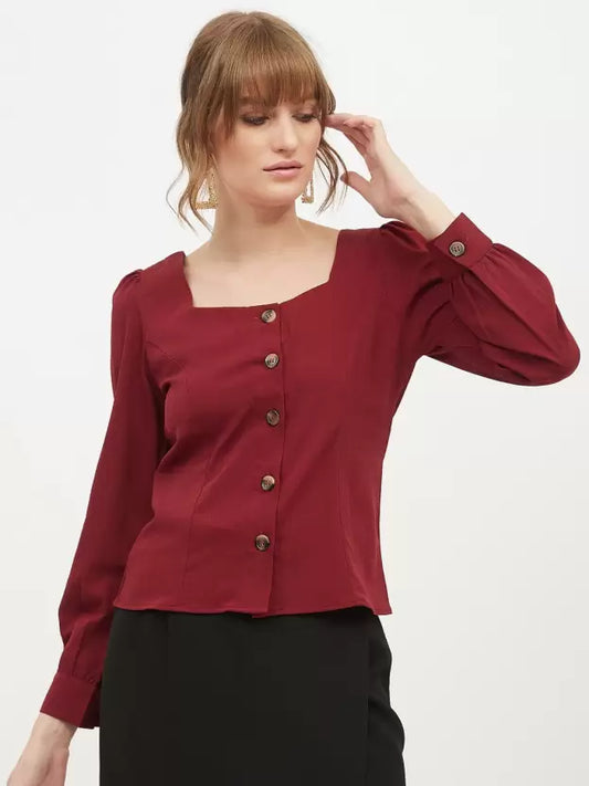 Casual Regular Sleeves Solid Women Maroon Top