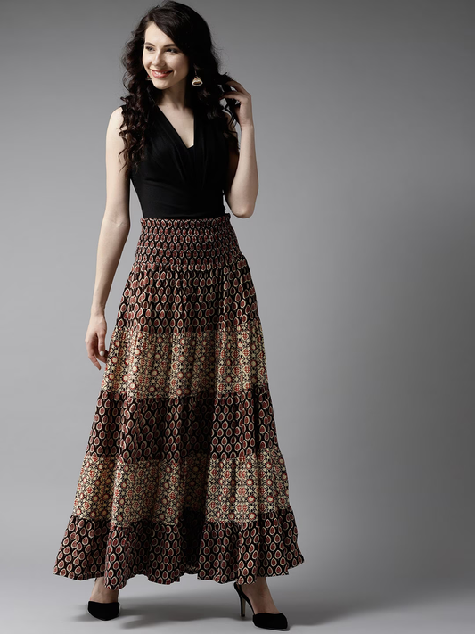Coffee Brown & Beige Ethnic Print Maxi Tiered Skirt