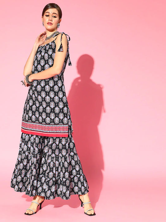 Cotton Printed Black Kurta Sharara set
