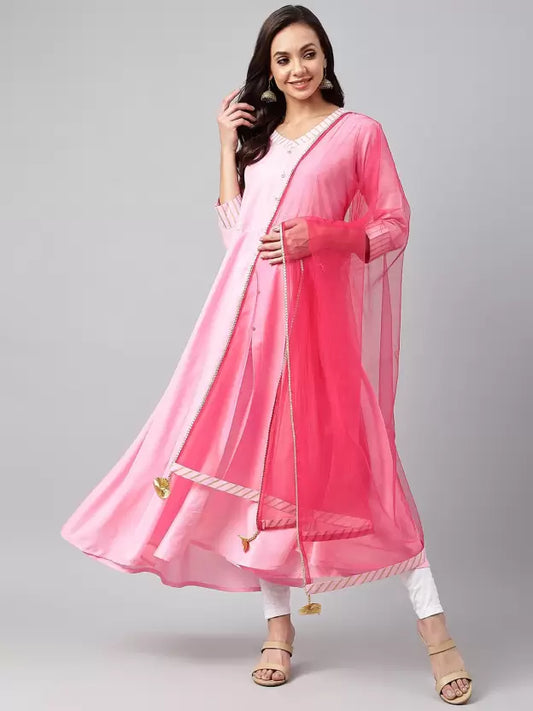 Women Pink Solid Cotton Blend Anarkali Kurta With Dupatta