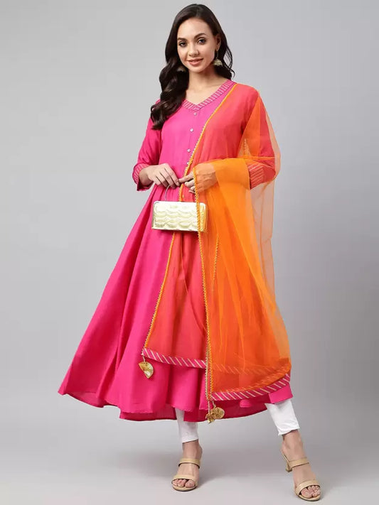 Women Multicolor, Pink Solid Cotton Blend Anarkali Kurta With Attached Dupatta