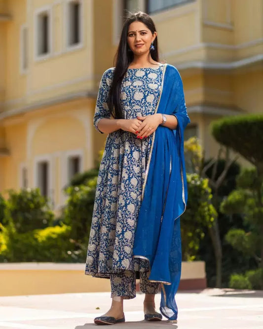 Cotton Blue Anarkali Kurta set
