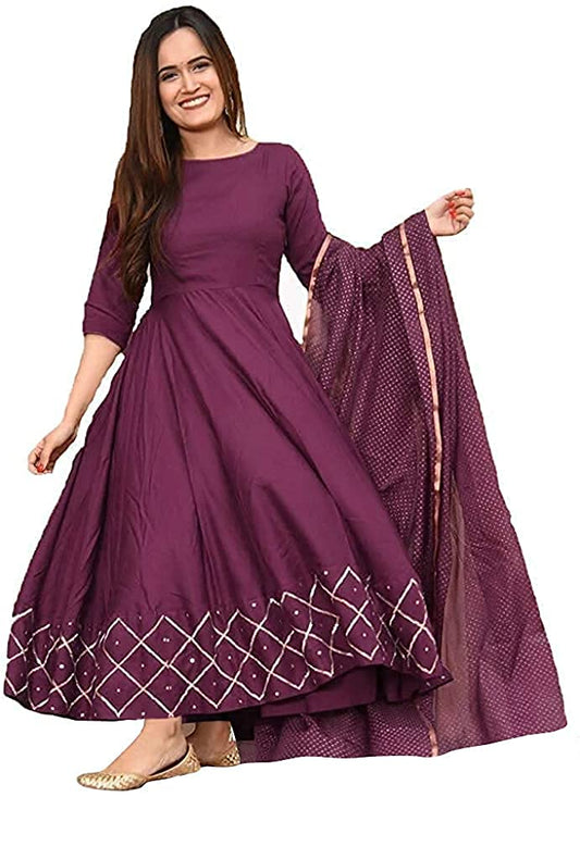 Women's Cotton Foil Print Anarkali Kurta with Dupatta