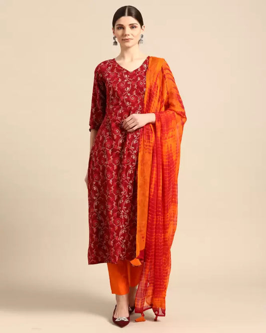 Women Cotton Red and Orange Kurta set