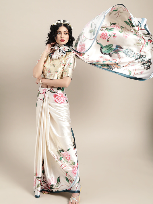 Cream-Coloured Satin Floral Print Saree