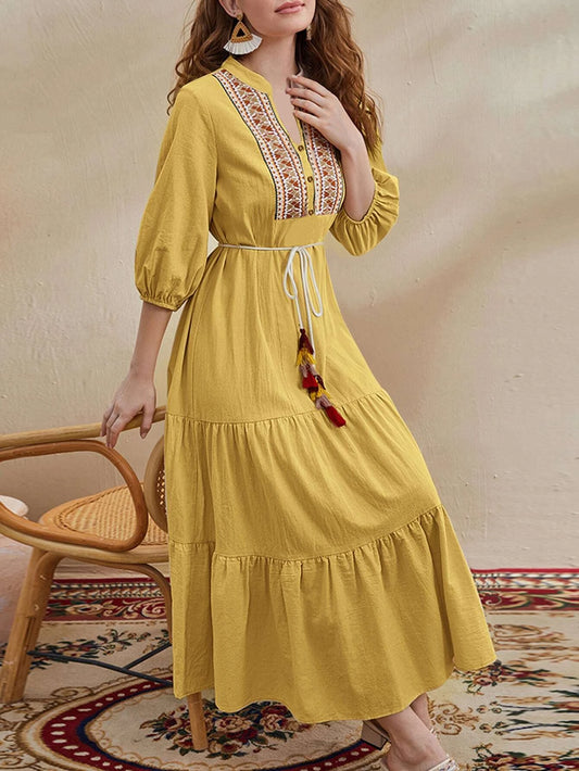 Women Lantern Sleeve Tassel Detail Ruffle Hem Belted Dress