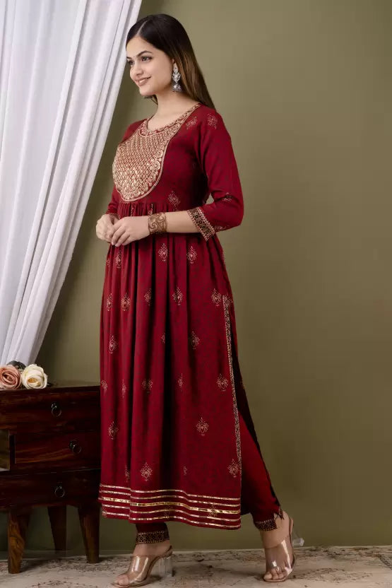 Women Maroonish Viscose Rayon Red Kurta and Palazzo Set