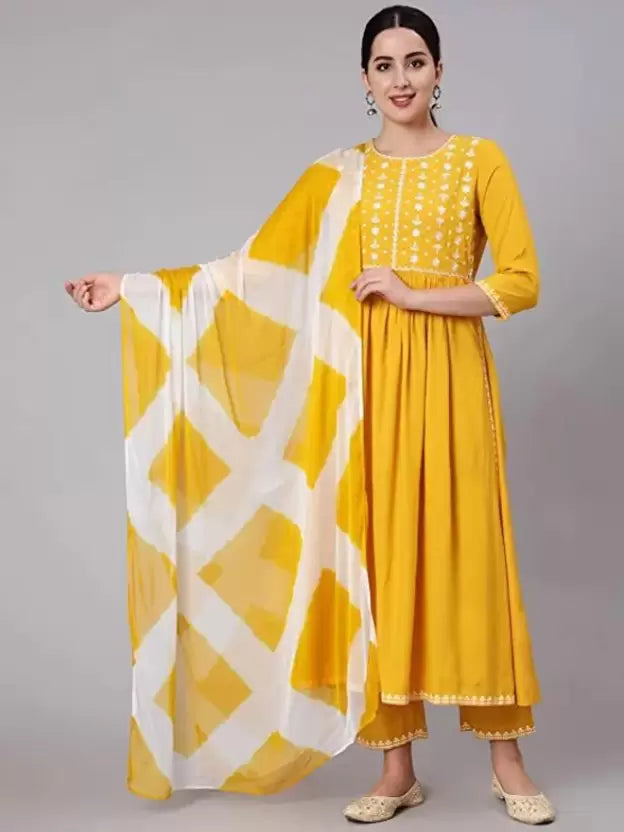Women Yellow Embroidered Kurta set with Dupatta