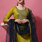 Women Green Cotton Blend Kurta, Pant And Dupatta Set