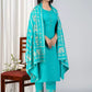 Women Cotton Rayon Turqoise Kurta, Pant And Dupatta Set