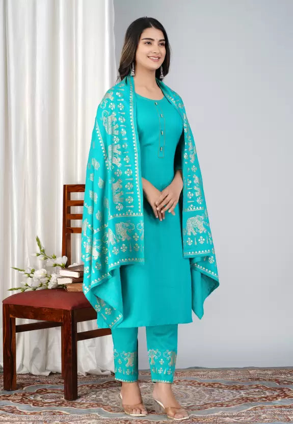 Women Cotton Rayon Turqoise Kurta, Pant And Dupatta Set