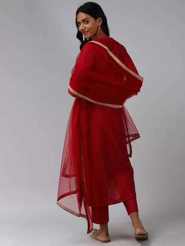 Women Red Embellished Cotton & Rayon mix Kurta set with Dupatta