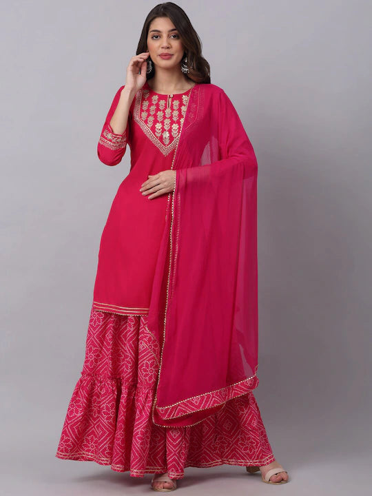 Women Pink Floral Embroidered Layered Gotta Patti Kurti with Sharara & With Dupatta