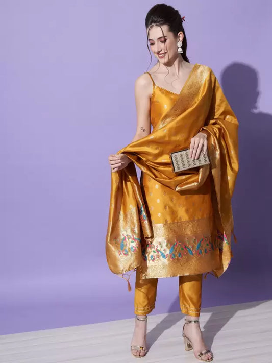 Women Mustard Yellow Cotton Silk Kurta, Pant And Dupatta Set