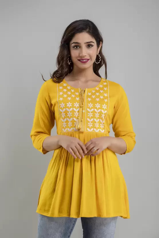 Women Viscose rayon Casual Regular Sleeves Embroidered Women Yellow Top